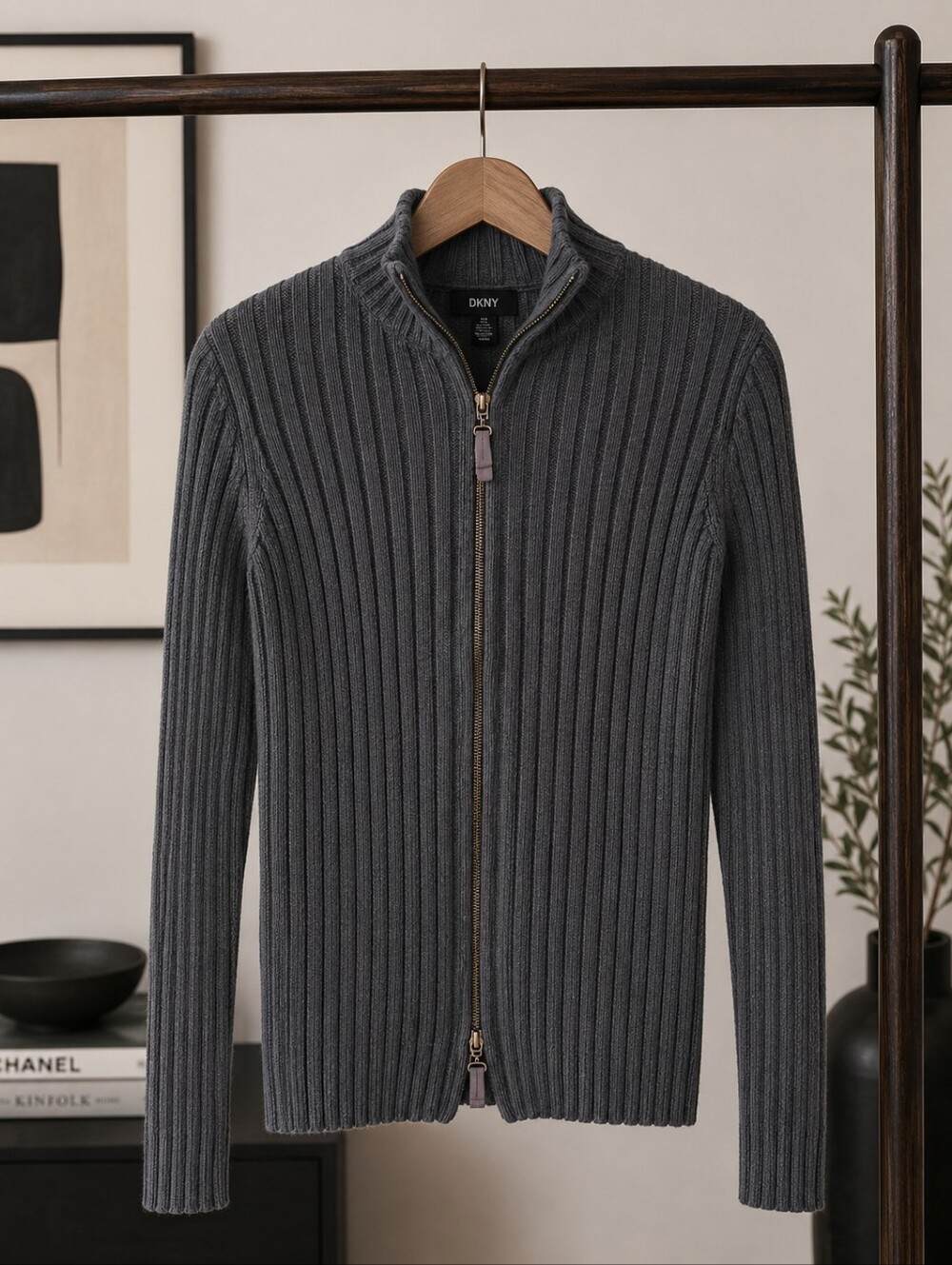 DKNY Jeans Men's XL Gray Ribbed Full Zip Mock Neck Sweater